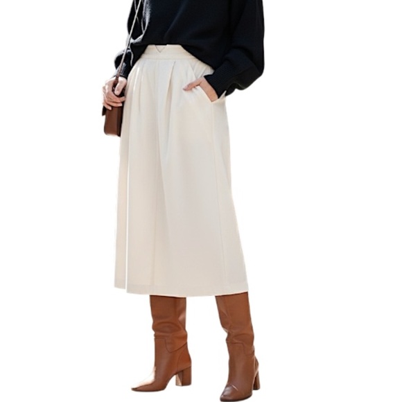 VTG 80s ivory white wool blend pleated preppy old money midi skirt EU 40 US S - Picture 1 of 14